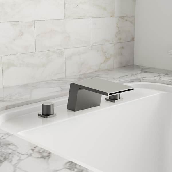 EVERSTEIN Modern Waterfall 2-Handle Tub Deck Mount Roman Tub Faucet with Anti-Slip Handles and Ceramic Cartridge in Brushed Nickel