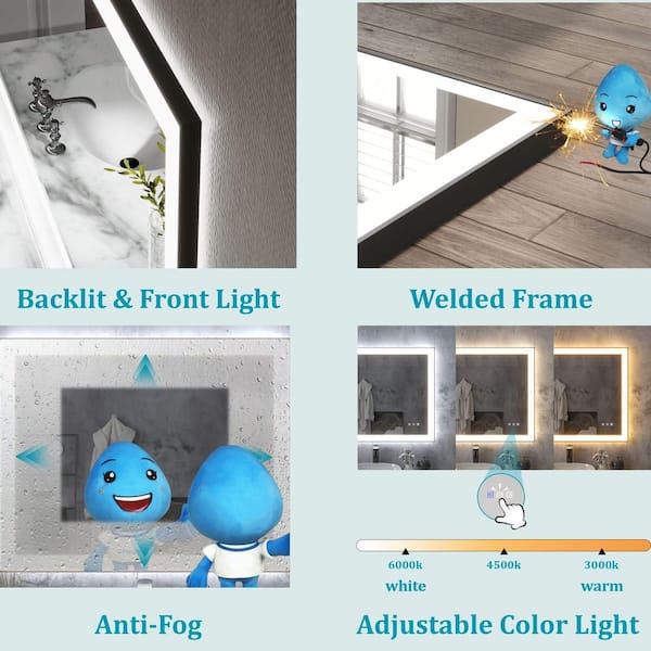 72 in. W x 32 in. H Rectangular Framed Anti-Fog LED Wall Bathroom Vanity Mirror in Black with Backlit and Front Light