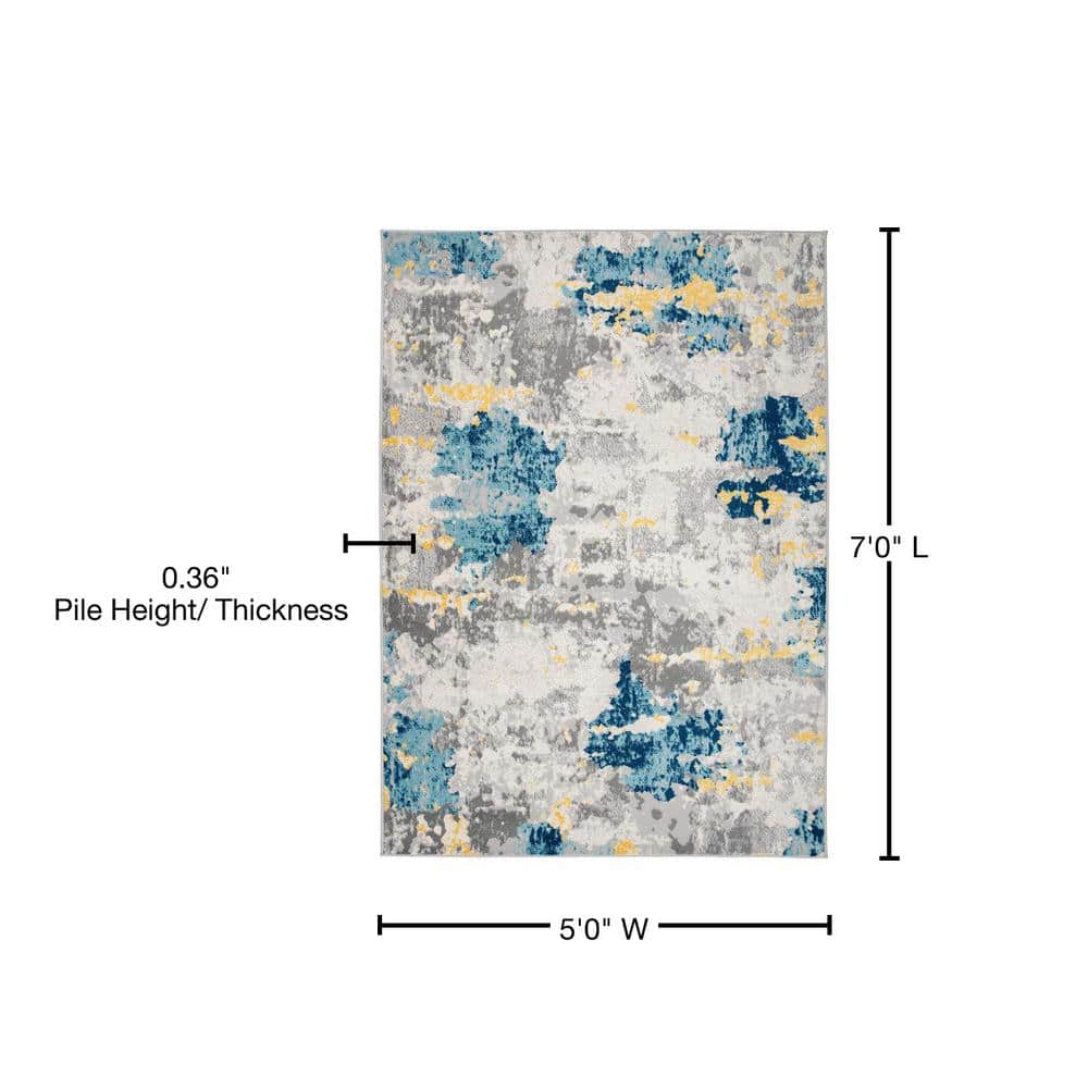 Cream and Blue Abstract Synthetic 5' x 7' Area Rug