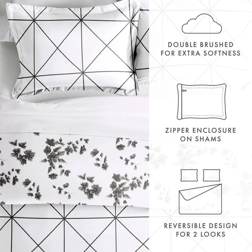Gray and White Floral Cotton King/California King Duvet Cover Set