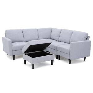Zahra 6-Piece Light Gray Polyester 4-Seater L-Shaped Sectional Sofa with Ottoman