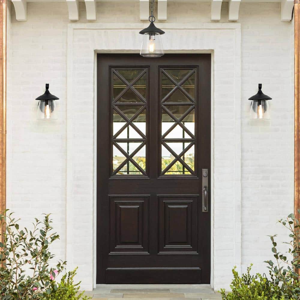 Modern Black Metal Outdoor Lantern Sconce with Seeded Glass