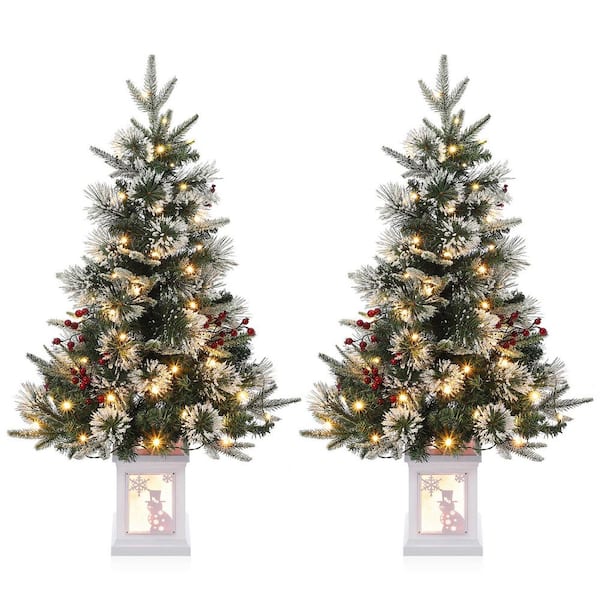 3 ft. Tabletop Christmas Tree, Pre-Lit Artificial Christmas Tree 78 Lights Red Berries for Christmas Decorations 2-Piece