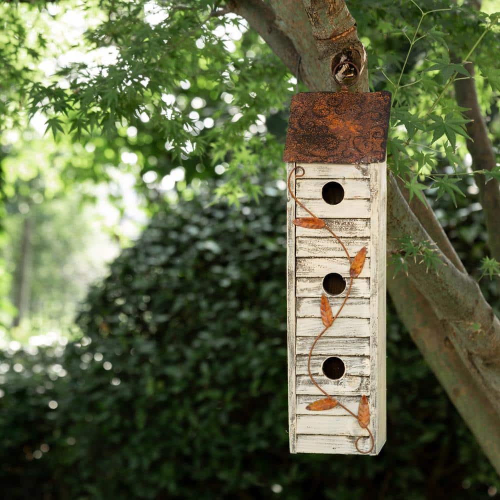 Distressed Off-White Three-Tier Wooden Birdhouse with Metal Roof