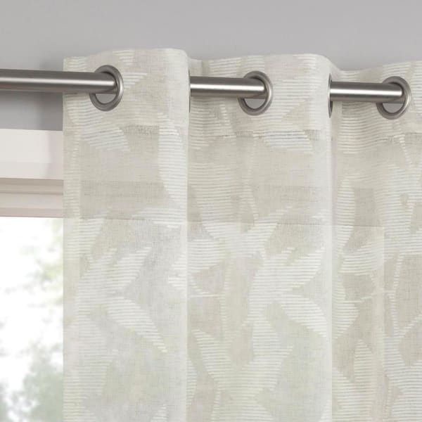 Nadia Textured Botanical Ivory Faux Linen 52 in. W x 84 in. L Grommet Light Filtering Curtain (Single Panel)