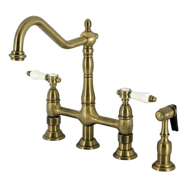 Bel-Air 2-Handle Deck Mount Bridge Kitchen Faucet with Brass Sprayer in Antique Brass