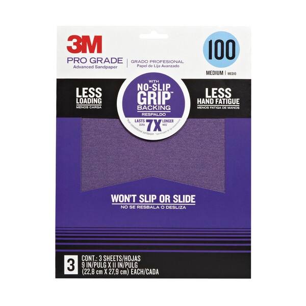 3M Pro Grade 9 in. x 11 in. 100 Grit Medium No-Slip Grip Advanced Sand Paper (3-Pack)