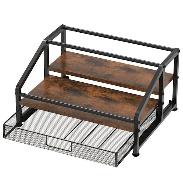 3-Tier Black Wood Coffee Station Organizer with Metal Frame, Coffee Syrup Rack, K Cup Holder Drawer