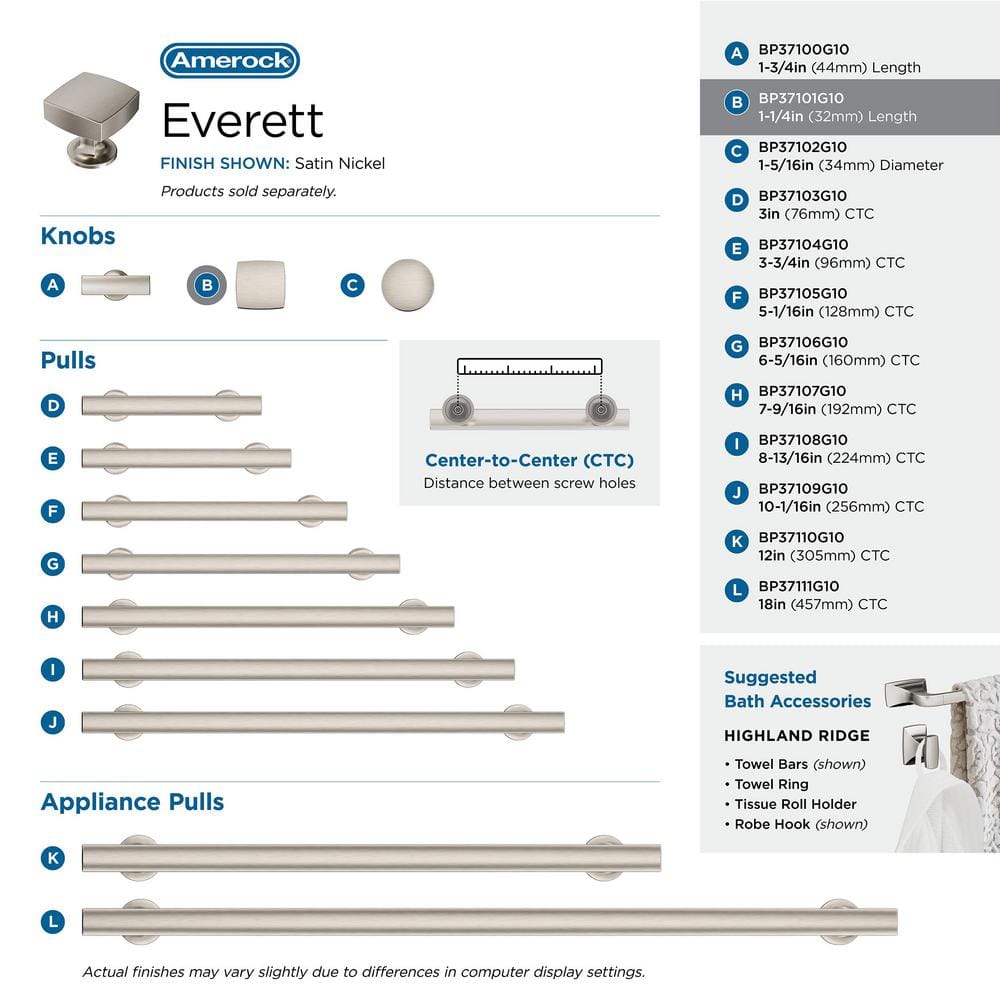 Everett 1-1/4 Inch Satin Nickel Square Cabinet Knob