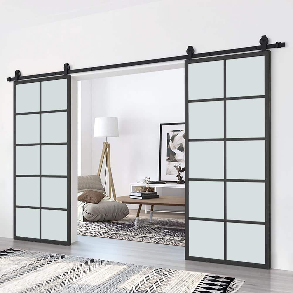 84" x 84" Black Aluminum Frame Double Sliding Barn Door with Frosted Glass