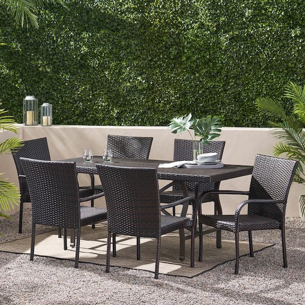 Noble House Warwick Multi-Brown 7-Piece Faux Rattan Outdoor Dining Set