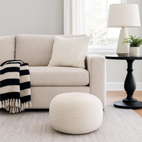 Poby Ivory Wool Round Accent Pouf