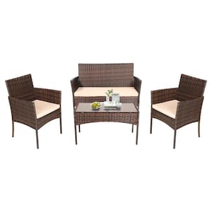 4-Piece Rattan Furniture Set Patio Conversation Set Sofa Chair Table Set with Beige Cushion