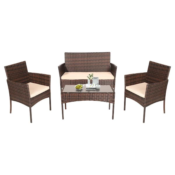 PATIOGUARDER 4-Piece Rattan Furniture Set Patio Conversation Set Sofa Chair Table Set with Beige Cushion