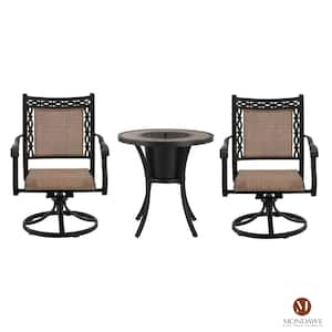 Simplified 3-Piece Cast Aluminum Outdoor Bistro Set Dining Set Swivel Sling Chair & Ceramic Tile Table with Ice Buckets