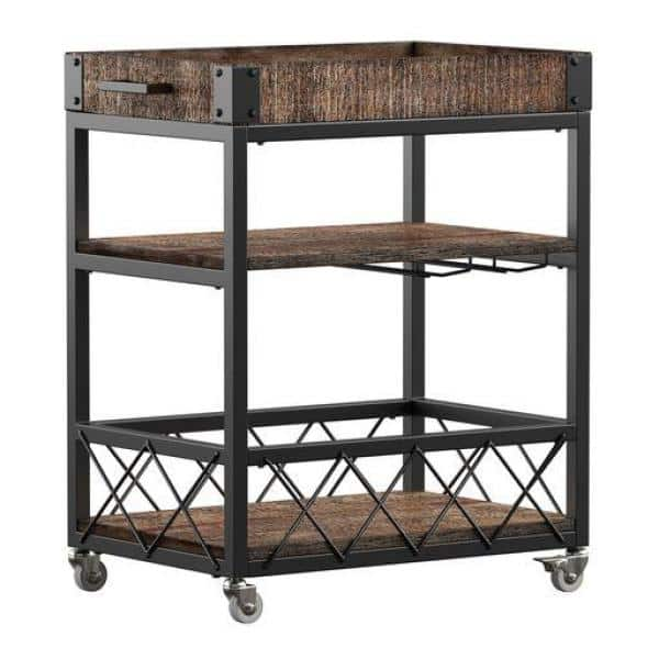 Jessica Rustic Industrial Style Textured Finish Metal Distressed Ash Wood  Mobile Serving Bar Cart - Black & Brown - Baxton Studio