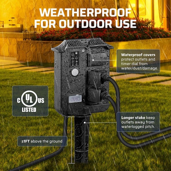 Outdoor Photocell Dusk to Dawn Power Stake Timer Waterproof, Remote Control, 6 Grounded Outlets, 6 ft. Extension Cord