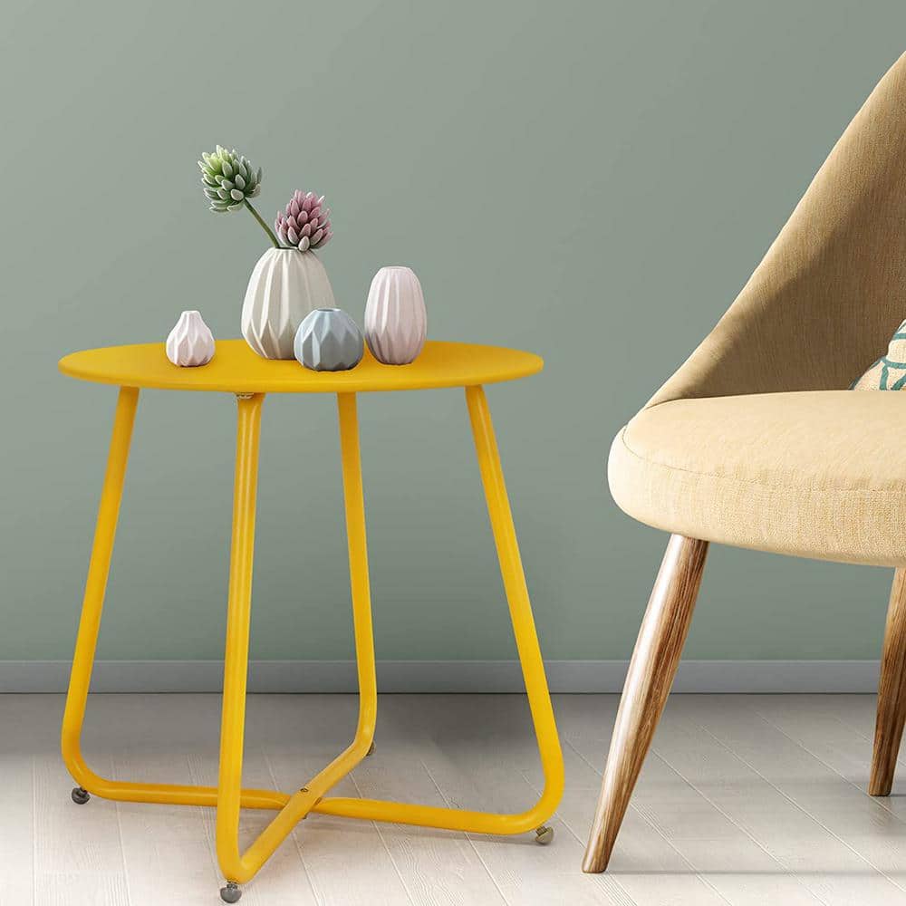 Yellow Round Metal Outdoor End Table with Adjustable Feet