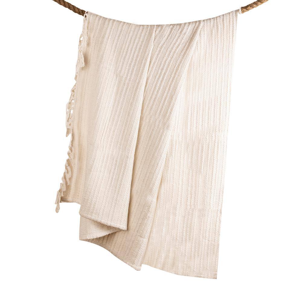 Ivory Handwoven Cotton Blend Throw Blanket with Fringe, 50x60