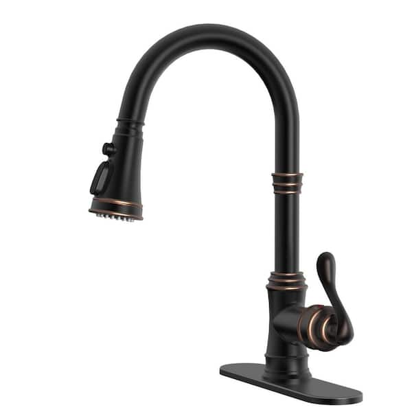 Single-Handle Pull-Down Sprayer 3 Spray High Arc Kitchen Faucet with Deck Plate in Oil Rubbed Bronze