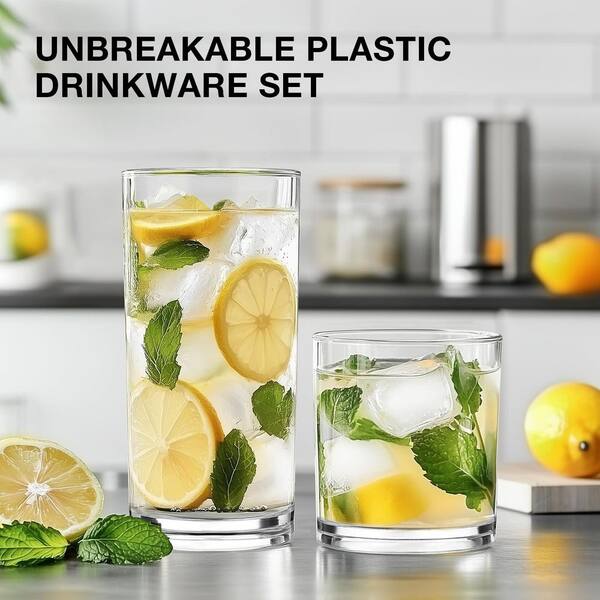 Wudkey 14 oz. Rocks and 20 oz. Water Cups Unbreakable Plastic Glasses Drinkware Reusable BPA-Free Dishwasher Safe Set of 8