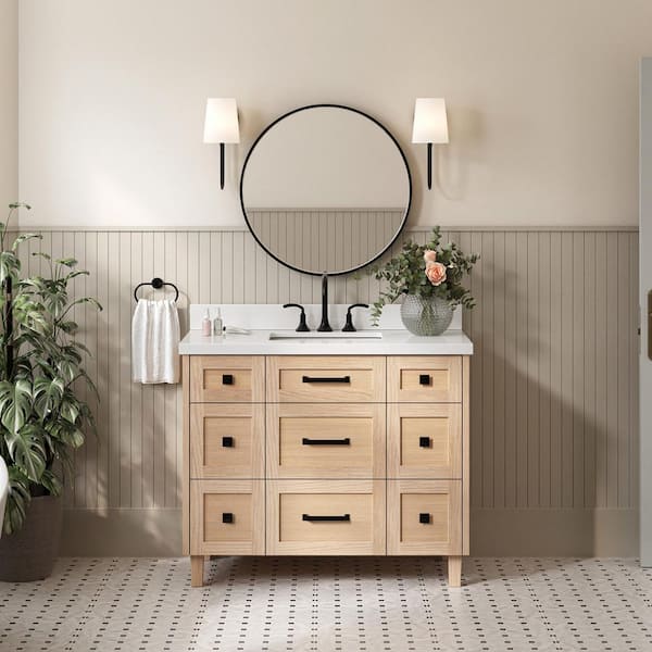 ARIEL Monroe 43 in. W x 22 in. D x 36 in. H Single Bath Vanity in Oak with Pure White Quartz Top