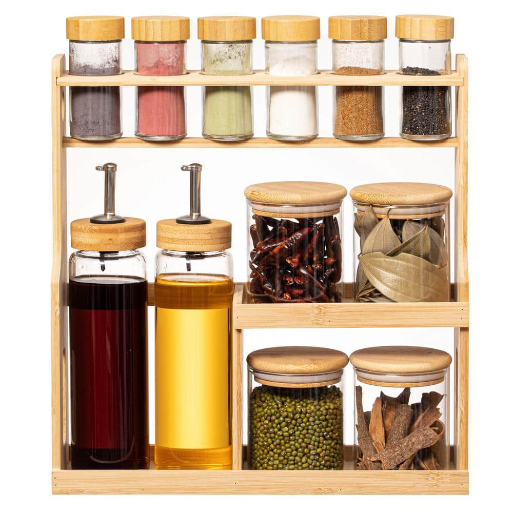 3-Tier Bamboo Spice Rack with Airtight Jars and Dispensers