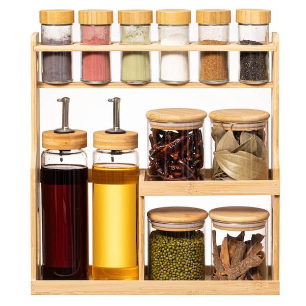 Unbranded Basicwise 3-Tier Bamboo Spice Rack with 6 Spice Shaker Bottles, 4 Airtight Jars and 2 Soy Sauce or Olive Oil Dispenser