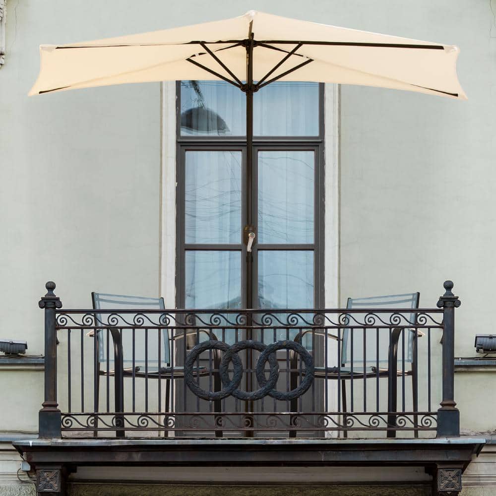 Tan Steel Half Round Patio Umbrella with Easy Crank