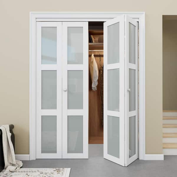 60 in. x 96 in. 3-Lite Frosted Glass Solid Core White Finished Glass Closet Bi-Fold Door with Hardware