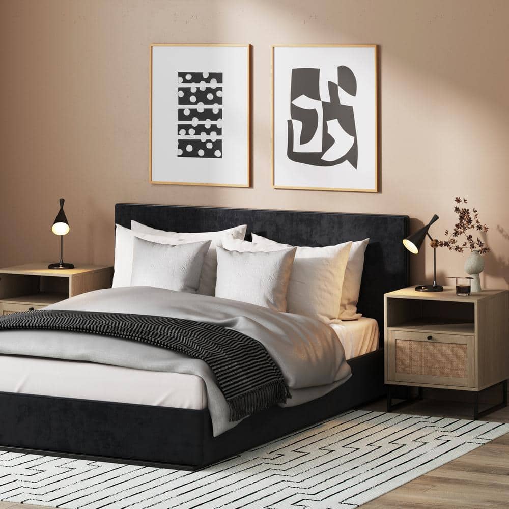 Mina Light Oak and Rattan Nightstands with Black Metal Legs, Set of 2