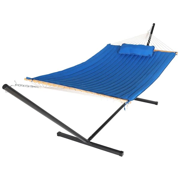 2-Person Dark Blue 12 ft. Heavy-Duty Hammock with Stand and Detachable Pillow, 450 lbs. Capacity