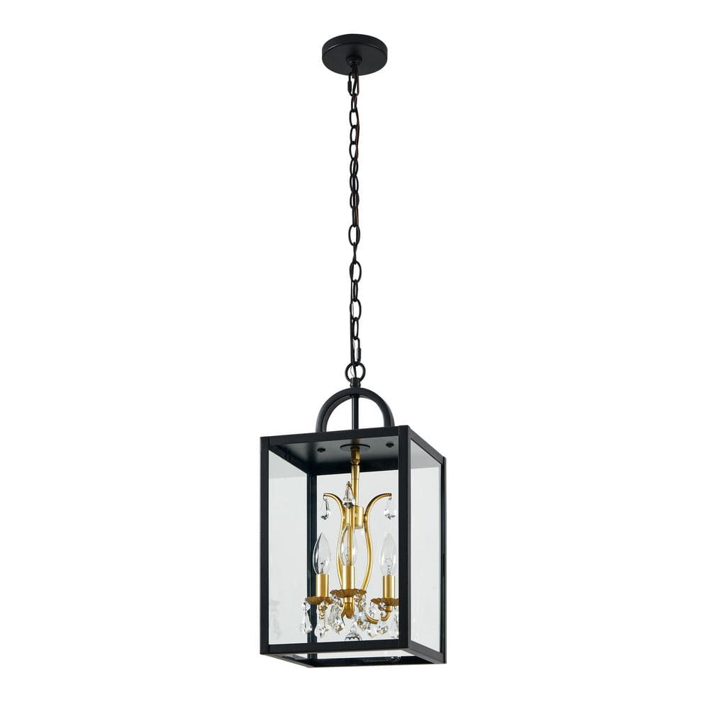 14.3 in. 3-Light Black and Gold Hardwired Outdoor Lantern Pendant with Clear Tempered Glass and Crystal Drop Accents price history on PriceWatchPro