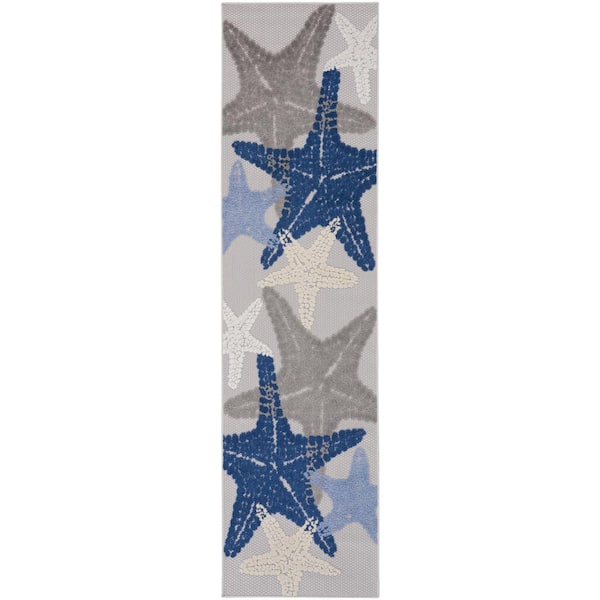 Nourison Aloha Grey/Multi 2 ft. x 8 ft. Coastal Starfish Indoor/Outdoor ...