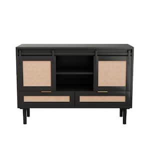 47.24 in. W x 15.75 in. D x 31.5 in. H Black Linen Cabinet with Sliding Barn Doors and 2 Drawers