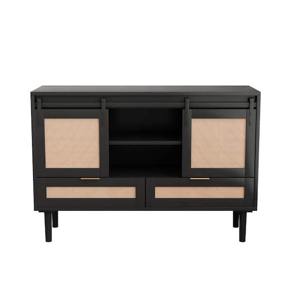 47.24 in. W x 15.75 in. D x 31.5 in. H Black Linen Cabinet with Sliding ...