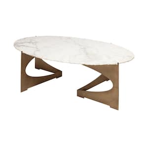 Reinhold III 48 in. White/Gold Large Oval Marble Coffee Table with Live Edge