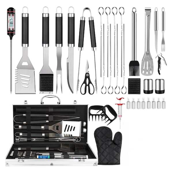 38-Piece Stainless Steel Grill Accessories Set with Aluminum Case, Thermometer, Grill Mats for Camping, Backyard, Black