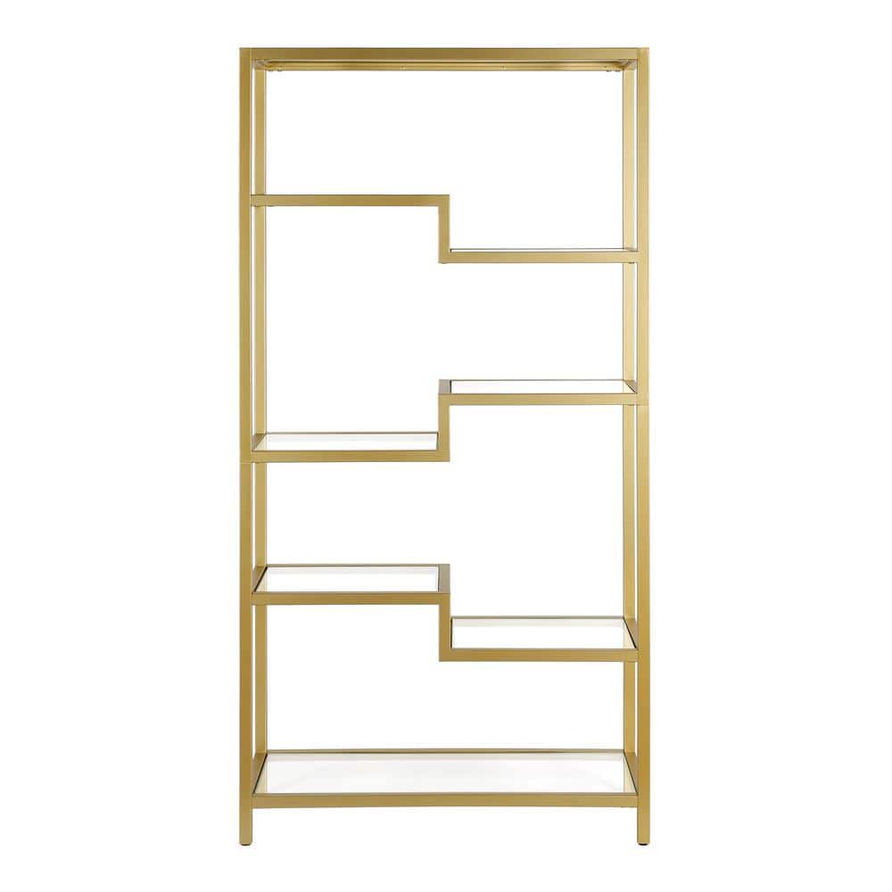 Contemporary 68'' Brass Metal and Tempered Glass 4-Tier Bookcase