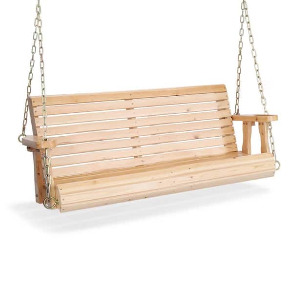 VINGLI 4 ft. Natural Wood Patio Porch Swing with Adjustable Chains, Support 880 lbs., Durable PU Coating