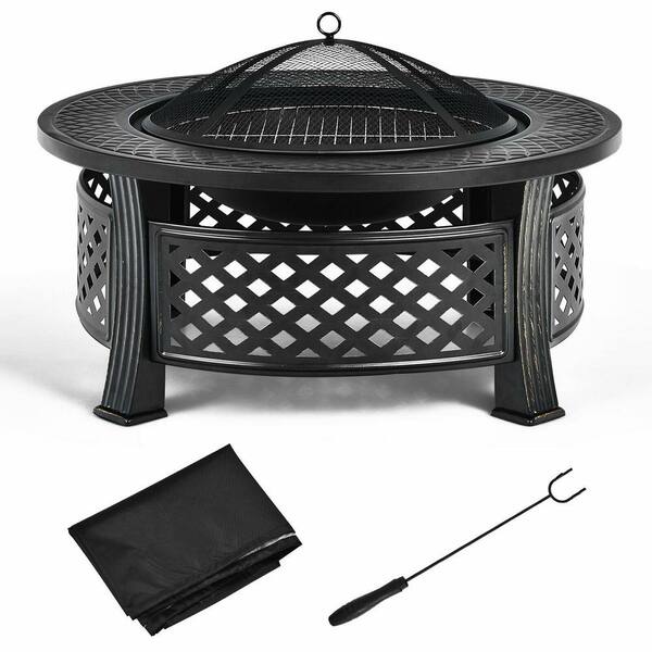 ANGELES HOME 19 in. W x 1 in. H Outdoor Round Steel Black with Screen Cover and Poker