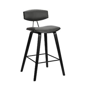 Fox 28.5 in. Mid-Century Bar Height Bar Stool in Gray Faux Leather with Black Wood