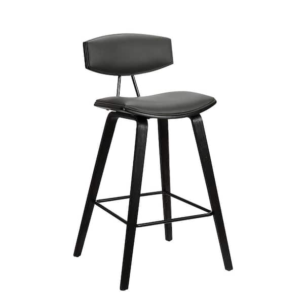 Armen Living Fox 28.5 in. Mid-Century Bar Height Bar Stool in Gray Faux Leather with Black Wood