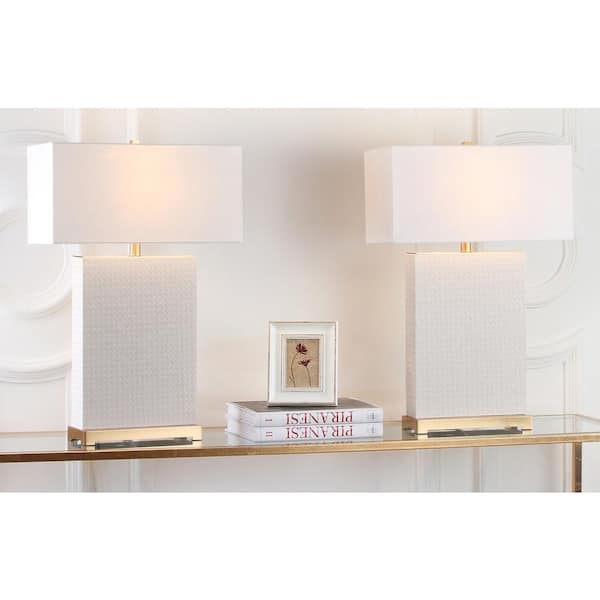 SAFAVIEH Joyce 27.75 in. Cream Faux Woven Leather Table Lamp with Off-White Shade (Set of 2)