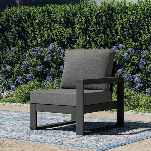 Endless Outdoor Patio Deep Seating Right Arm Chair with Gray Plastic Frame and Gray Side Tie Cushions