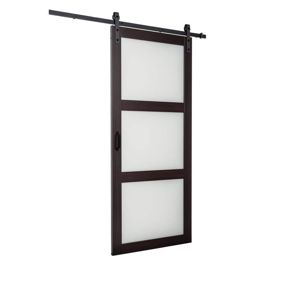 Espresso Frosted Glass 36'' x 84'' Barn Door with Black Hardware