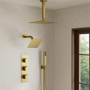 Thermostatic 5-Spray 12 in. Ceiling Mount Dual Shower Head and Handheld Shower in Brushed Gold (Valve Included)