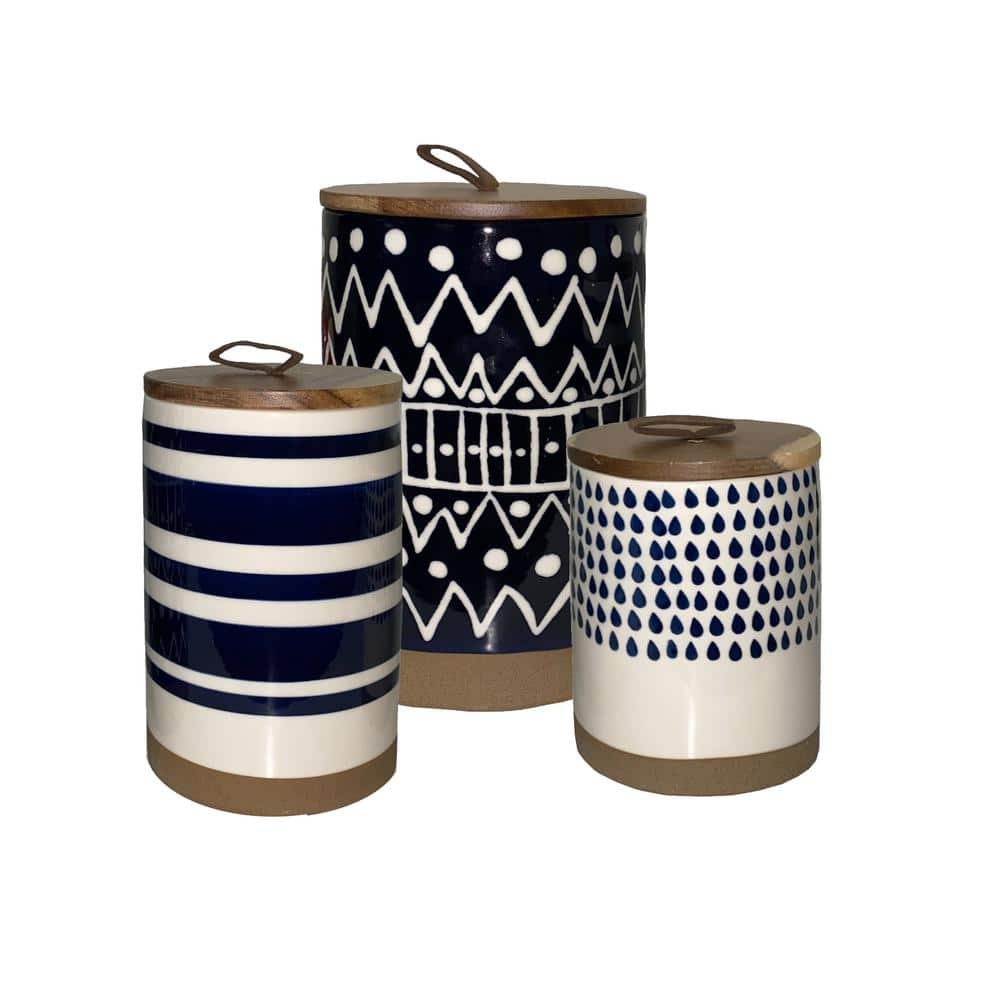 Tabletops Gallery Ceramic Canister Collection- Stoneware Designed Kitchen  Storage Acacia Wood White Set, 3 Piece Mayan Tribal Designed Canisters  (Blue