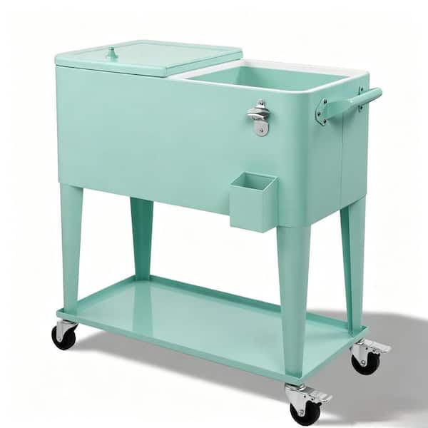 80 qt. Rolling Ice Chest, Portable Bar Drink Cooler with Catch Basin, Bottom Storage Tray and Bottle Opener, Mint Green