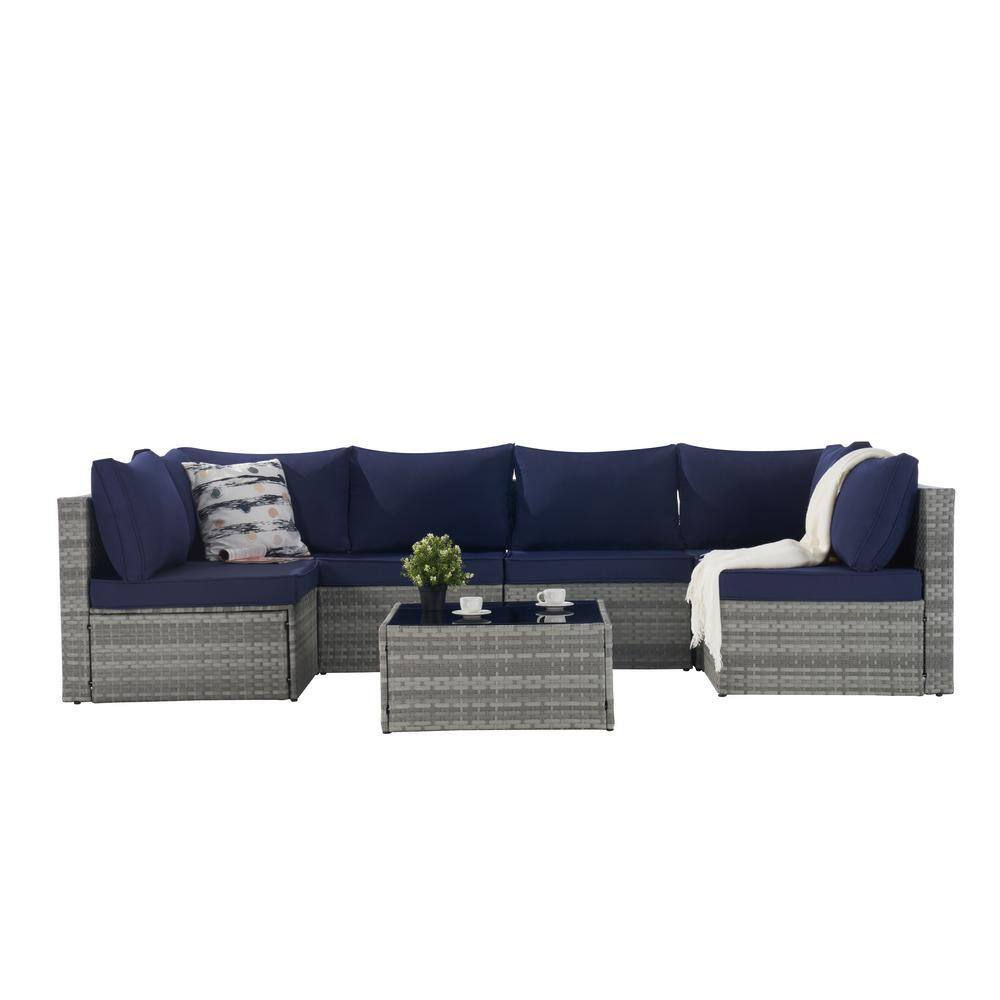 7-Piece PE Wicker Outdoor Sectional Sofa Set with Navy Cushions and Tempere